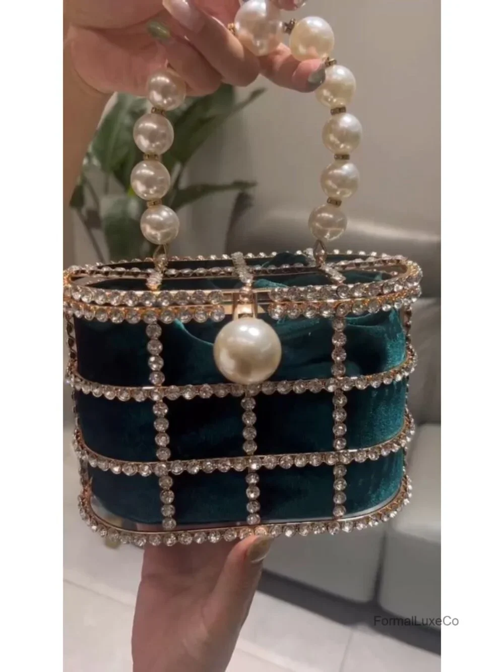 Crystal Cage Evening Clutch with Pearl Handle and Velvet Pouch